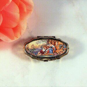Vintage Little Pill Box With Transfer Print of 18th Century Lady and Boy Design